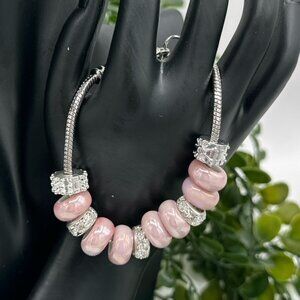 Pandora Style Baby Pink Charm Bracelet in Silvertone with Rhinestones, NWOT